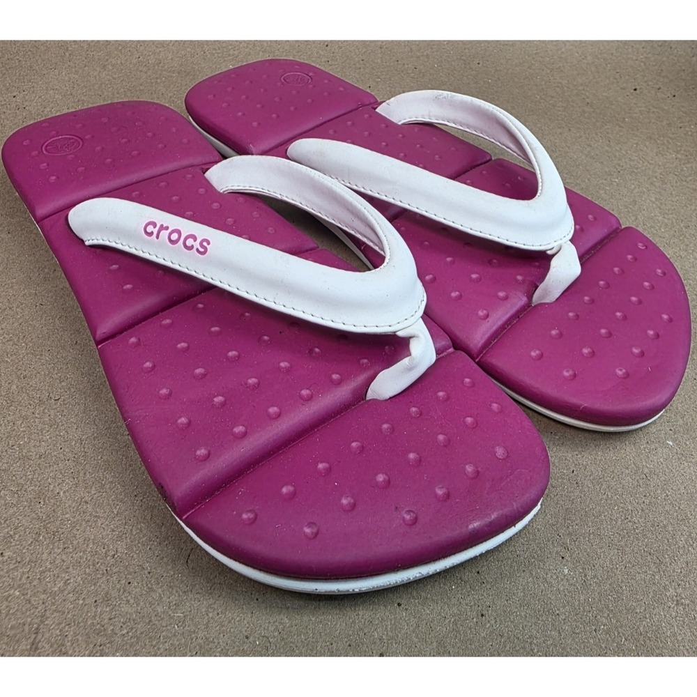 Crocs (Sz 7) women thong slides white pink flip flop
